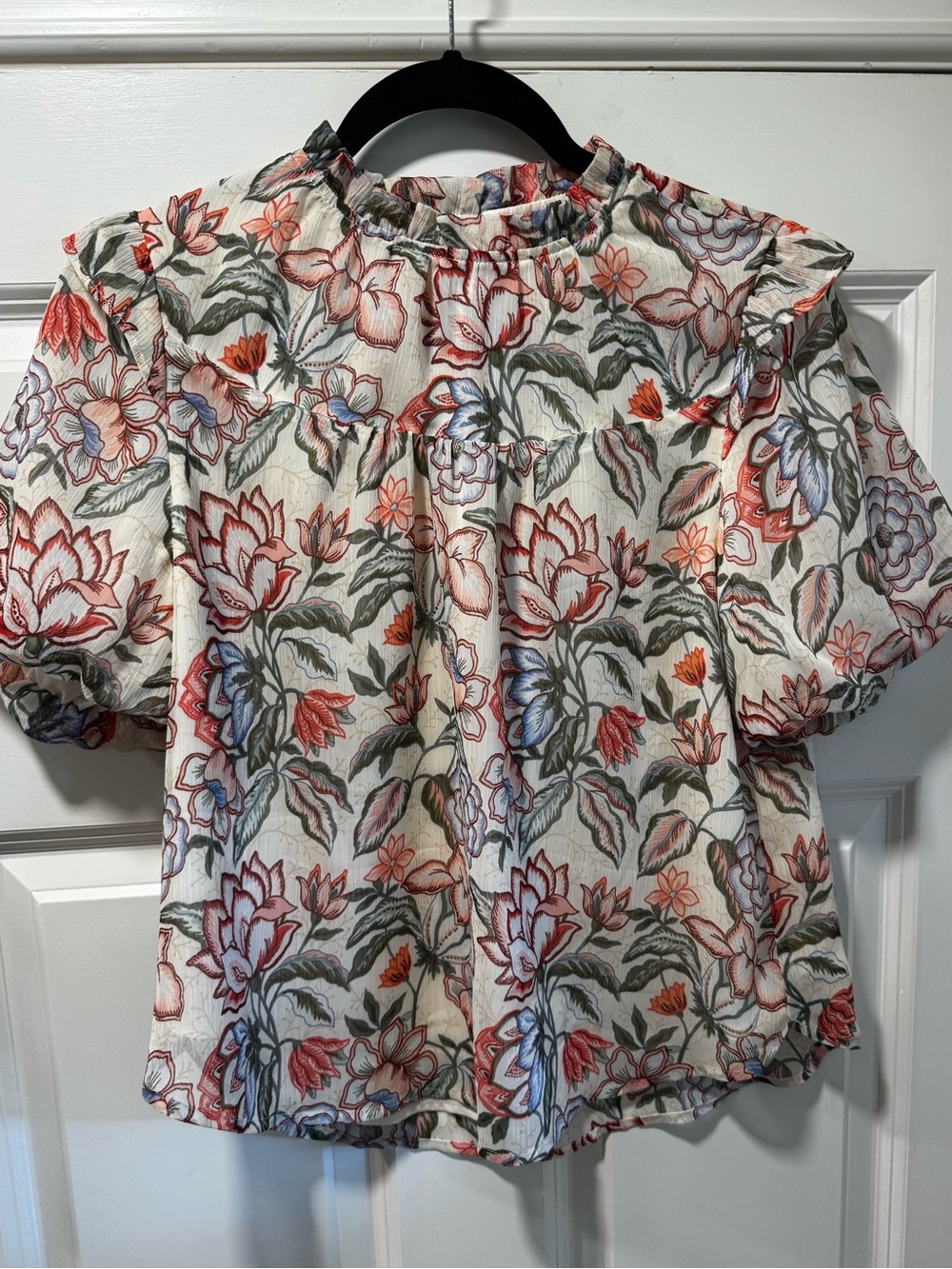 LOFT Floral Puff-Sleeve Ruffle Neck Blouse - White with Coral & Green